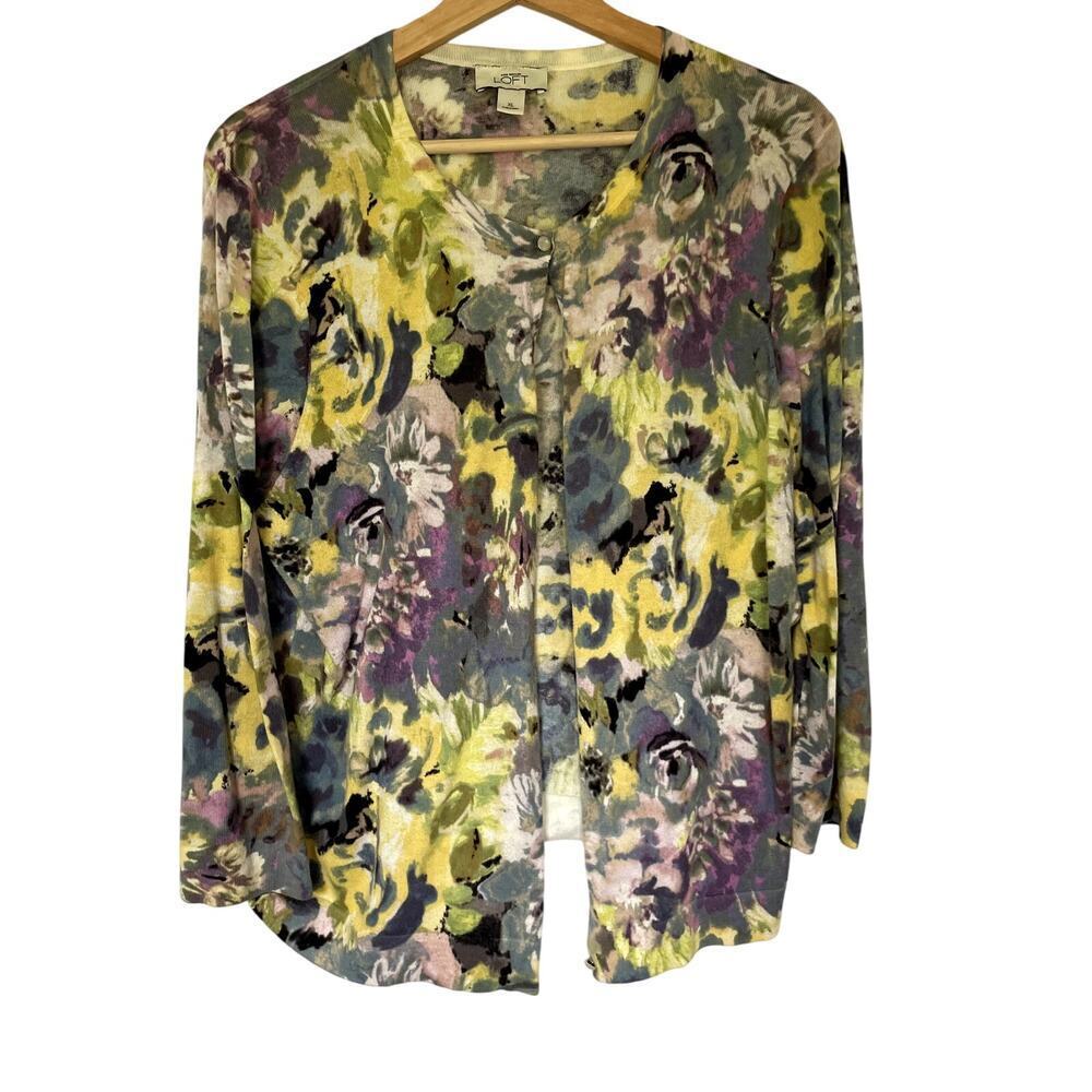 Ann Taylor LOFT floral yellow purple button down cardigan women's size‎ XL